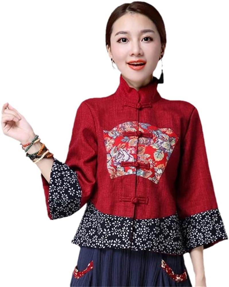 Cotton Linen Female Tang Suit Coat Traditional Chinese Tops Women Hanfu Jacket Slim Ethnic Style Stand Collar Blouse