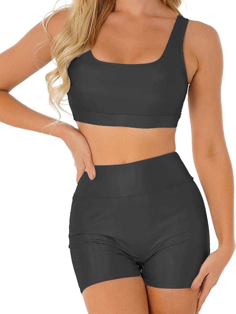 Women Metallic Outfit Workout Set Sleeveless Crop Tops Sport Bras and Athletic Shorts Suit Activewear Black XX-Large