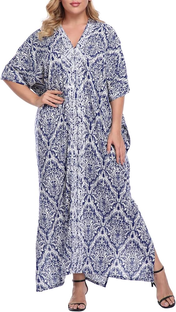 HDE Women UPF 30+ Kaftan Dress Oversize V Neck Long Plus Size Maxi Swim Cover Up