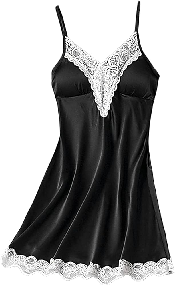 Satin Strap Dress Sleepwear for Women Sexy Nightie V Neck Sleepdress Nightwear Sling Lace Trim Chemise Nightgown