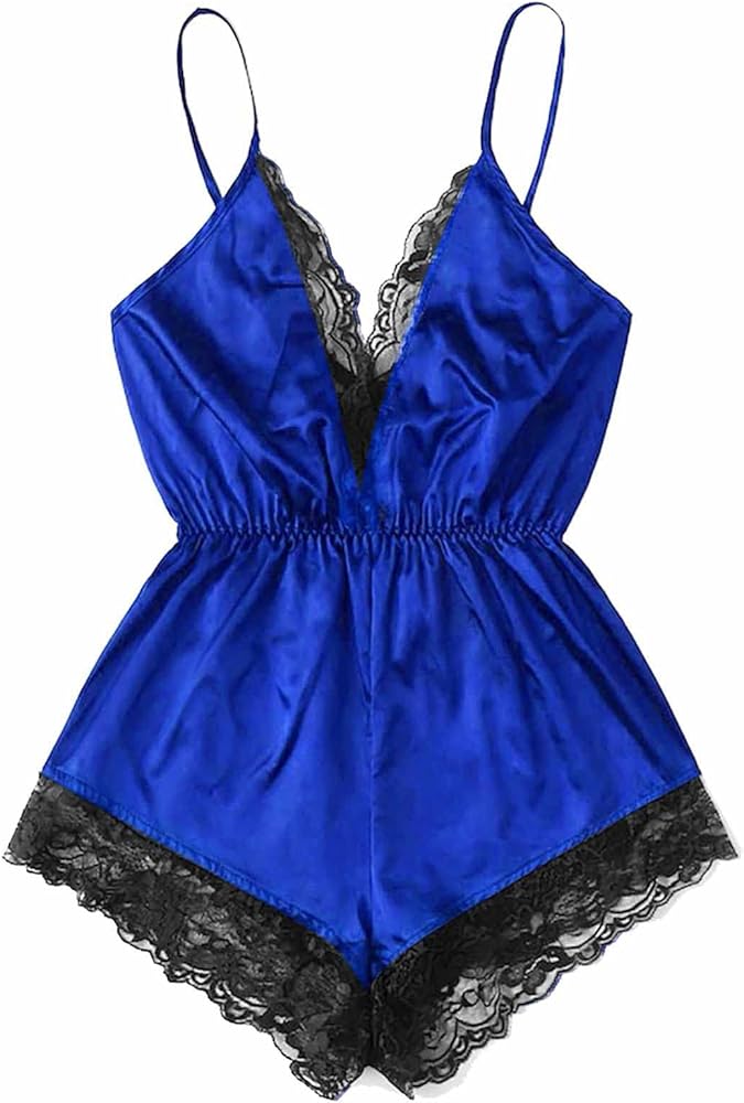 Women's Sexy Satin Lingerie One Piece V Neck Lace Trim Babydoll Camisole Teddy Bodysuit Sleeveless Backless Sleepwear