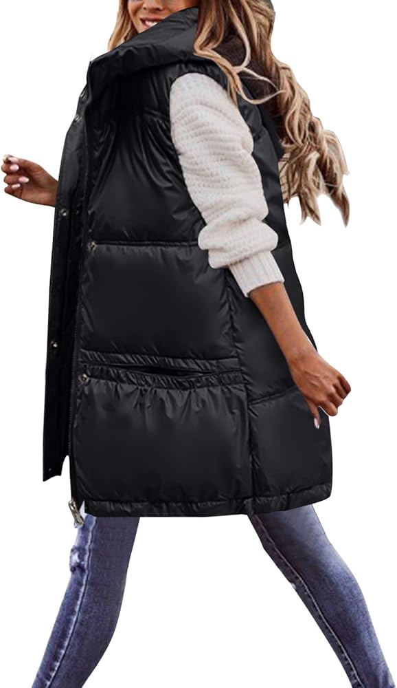 Womens Hooded Down Vest Casual Sleeveless Puffer Vest with Hood Mid-Length Quilted Jacket Women Short Down Winter Coat