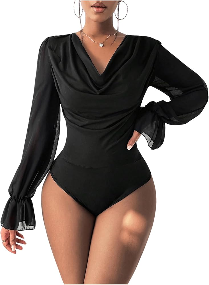 OYOANGLE Women's Draped Cowl Neck Mesh Long Sleeve Slim Fit Solid Leotard Bodysuit Tops