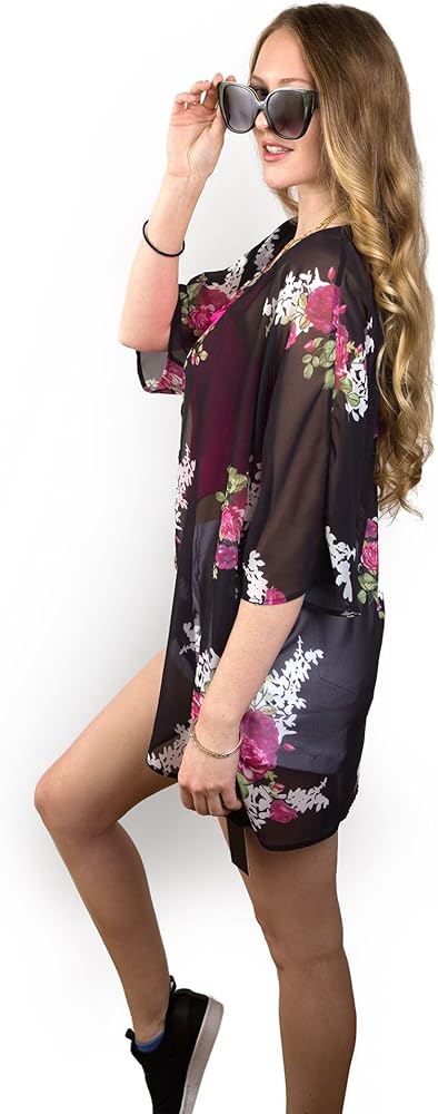 Women's Short Sleeve Floral Print Kimono Beach Cover Up