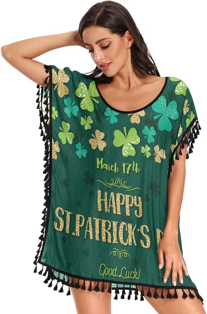 St Patricks Day Shamrock Swimsuit Coverup for Women Plus Size Swimwear Cover Ups for Swimwear Women Girls Beach Dresses,S