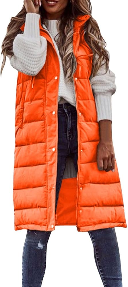 Long Puffer Vest Women with Hood Quilted Puffy Sleeveless Warm Winter Coats Parka Jacket Zip Up Down Vest Padded Gilet