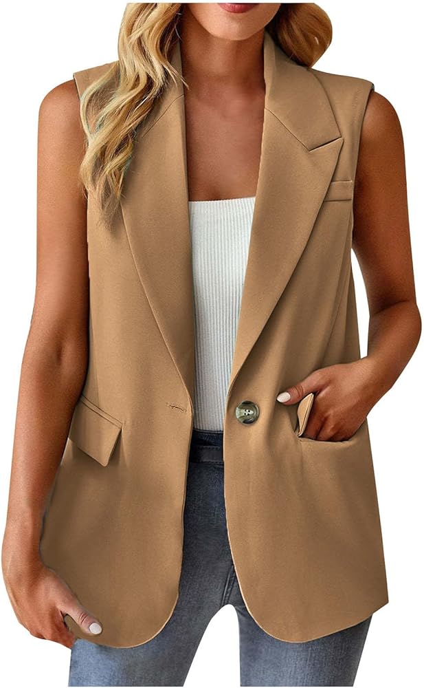 Summer Sleeveless Blazer Jackets Women Lightweight Open Front Single Button Vests Casual Work Office Pocketed Tops