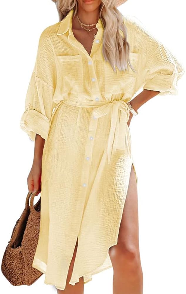 Dokotoo Womens 2024 Fashion Solid Color Button Down Long Sleeve Side Split Beach Cover Ups Shirt Dress with Pockets