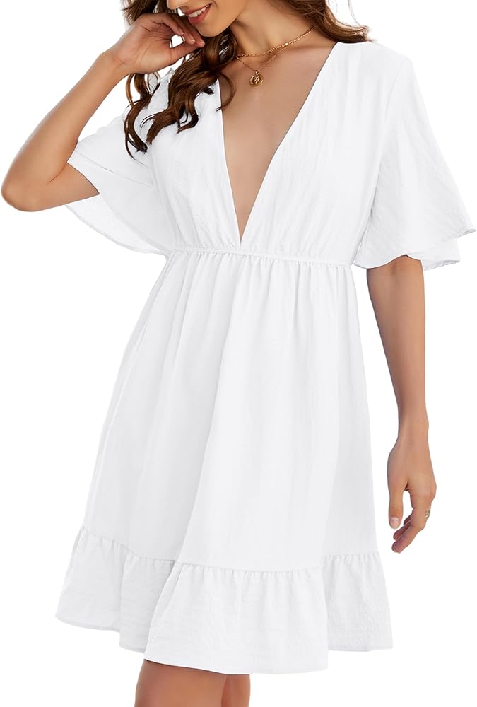 ALLTB Beach Cover Ups Swimsuit Coverup: Bathing Suit V Neck Cover Up Summer Swim Bikini Cover Up Flowy Ruffle Sleeve Dress