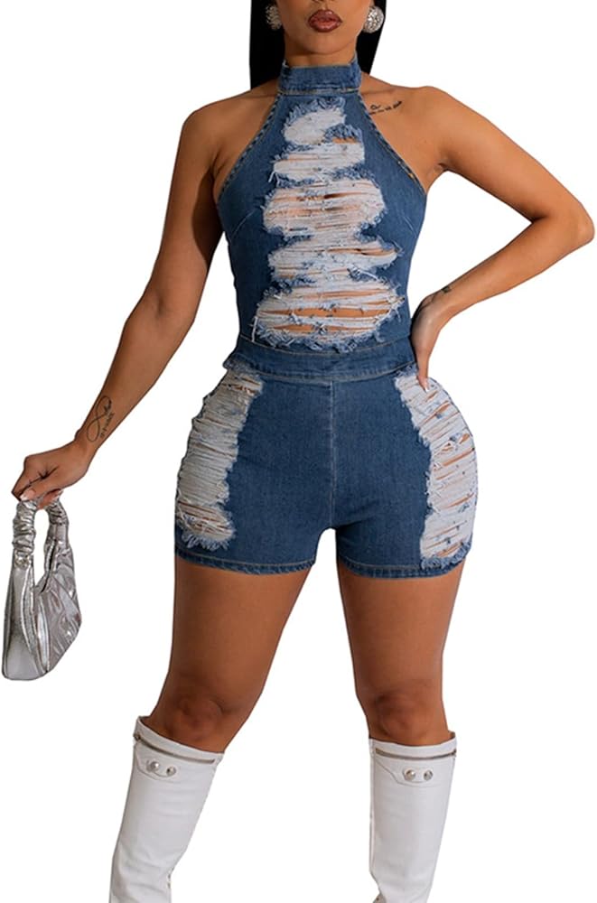 Womens 2023 Summer Fashion Backless Denim jumpsuit Ripped Jean Romper High Waist Casual Overalls