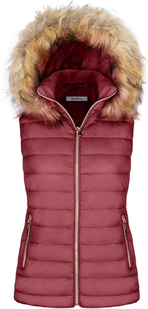 BodiLove Women's Fur Hooded Puffer Jacket With Zipper Fleece Lining