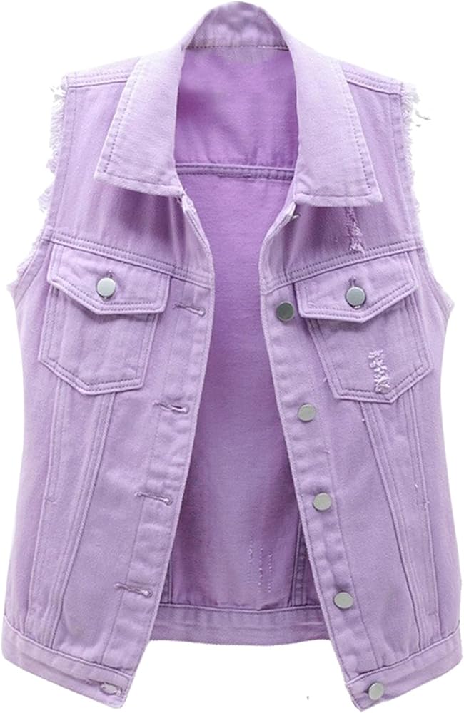 Denim Vest for Women Classic Distressed Cropped Sleeveless 2 Pockets Jacket Vest Top Waistcoat Jean Coat