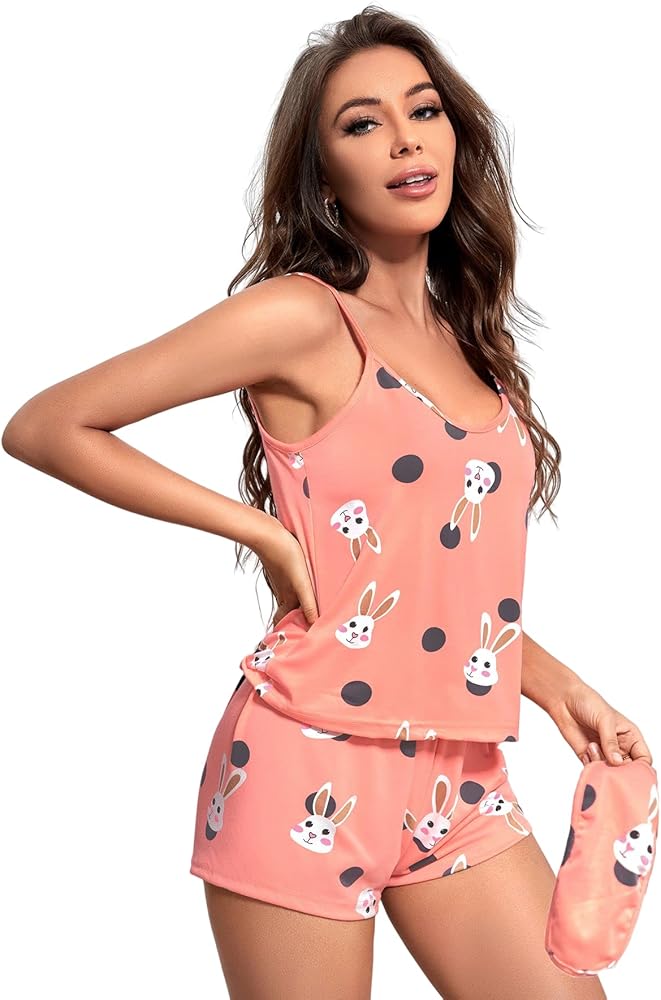 SOLY HUX Women's Cute Cartoon Print Cami Top and Shorts Pajama Set Sleepwear with Eye Mask