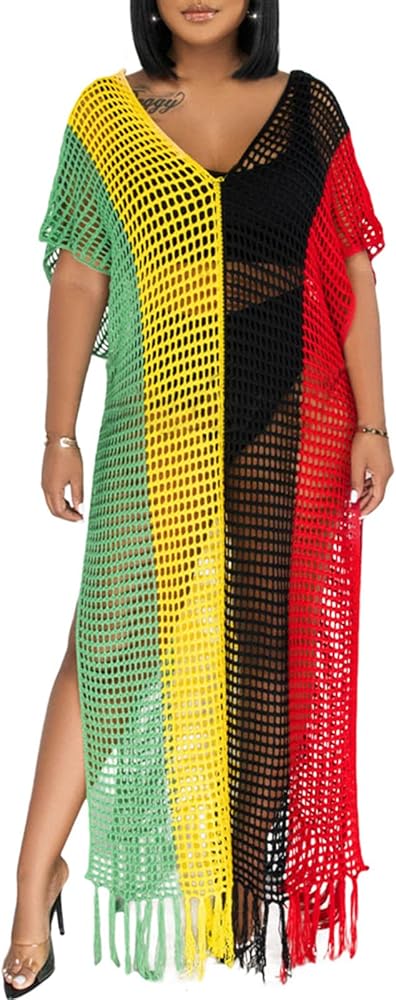 Womens Rainbow Color Jamaica Beach Crochet Dress Bathing Suit Cover Ups Sexy Side Slit Coverup