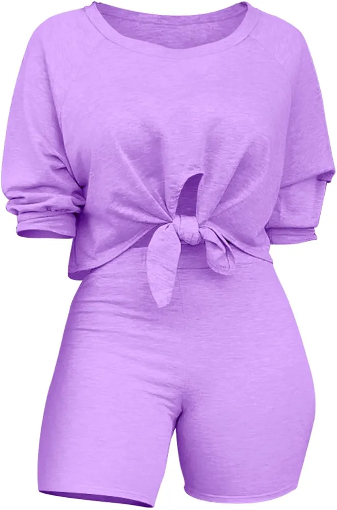 Matching Sets for Women Going Out 2 Piece Plus Size Outfits Solid Color Workout Sets Crop Top and Shorts (Purple, XXL)