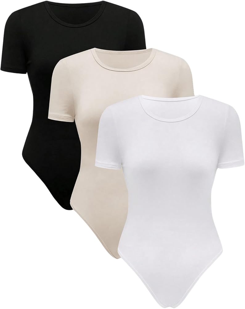 SOLY HUX Women's Ribbed Round Neck Short Sleeve T Shirts 3 Piece Basic Bodysuits Tops