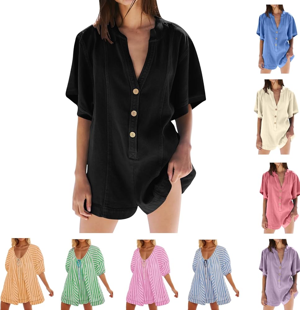 Womens V Neck Button Romper Solid Wide Leg Jumpsuit Short Sleeve Casual One Piece Romper Loose Short Romper