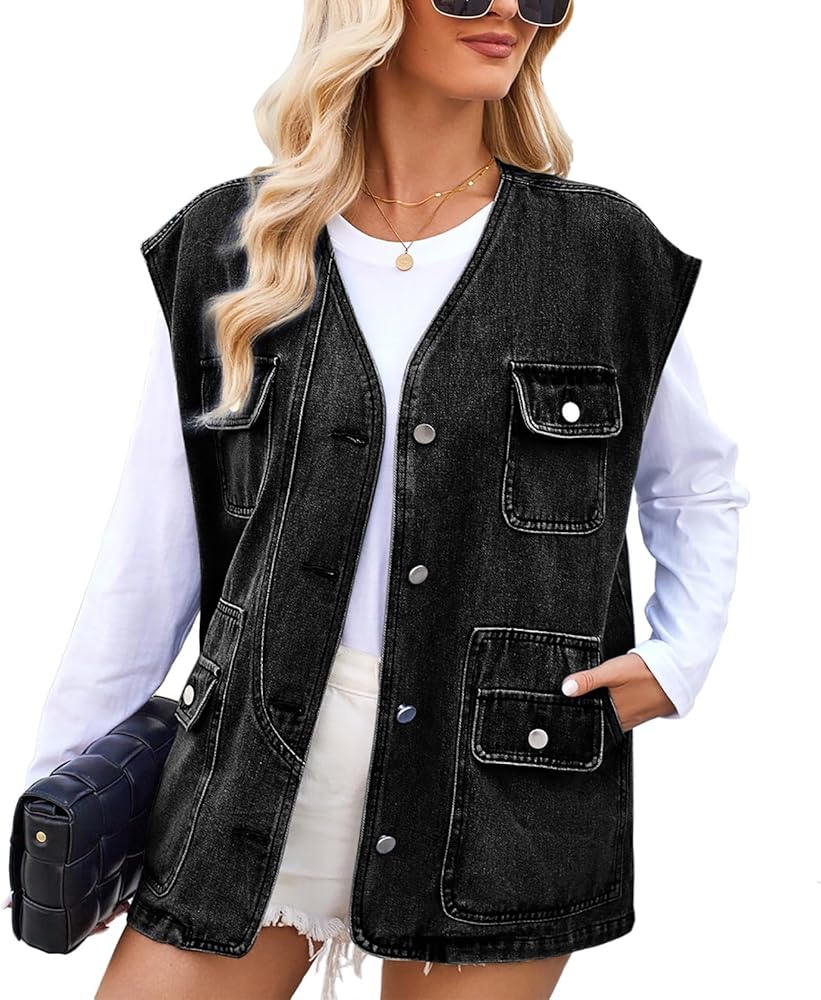 Women's Denim Vest Trendy Oversized Cap Sleeve Jean Vest Casual Sleeveless Denim Jacket Waistcoat with Pocket