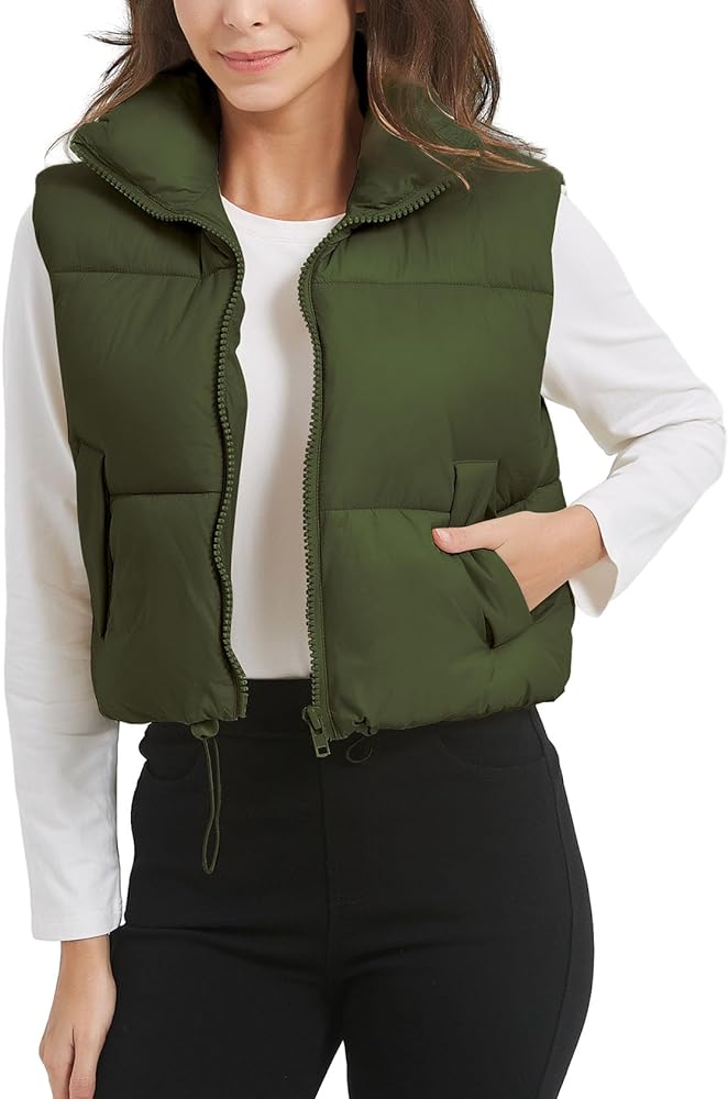 Women's Cropped Puffer Vest Winter Stand Collar Crop Padded Jackets Gilet with Pockets