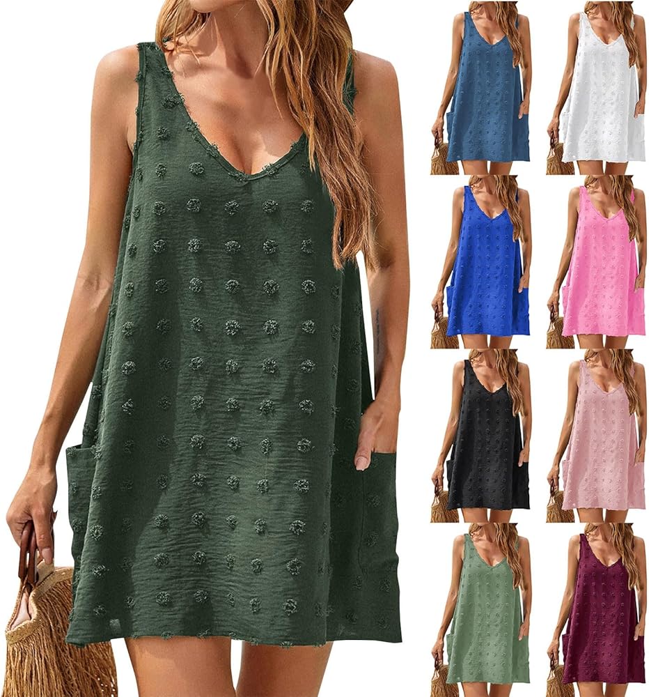 Womens V Neck Swiss Dot Mini Dress Sleeveless Loose Tank Dress Sundress Boho Beach Cover up Summer Dress with Pockets