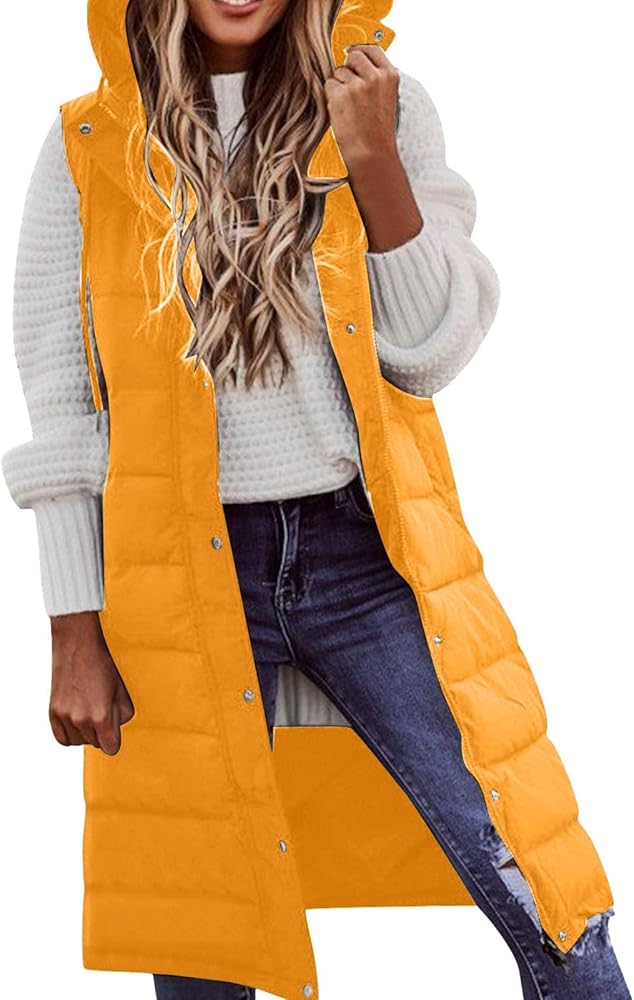 Womens Puffer Vest Coat Vest With Hood Sleeveless Warm Down Coat With Pockets Quilted Vest Down Sleeveless Down Long