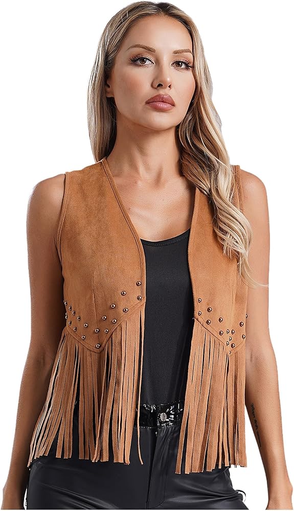 iiniim Womens 70s Hippie Vest Cardigan Rivets Faux Suede Fringe Waistcoat Western Cowgirl Jackets