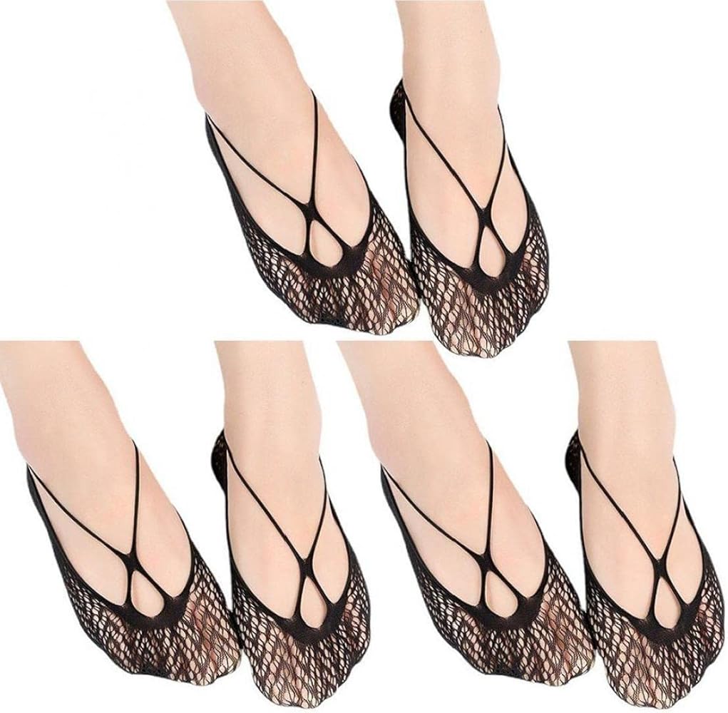 3 Pair Women No Show Socks Cross-Strap Fishnet Short Socks Fashion Black Mesh Short Sock Invisible Boat Socks