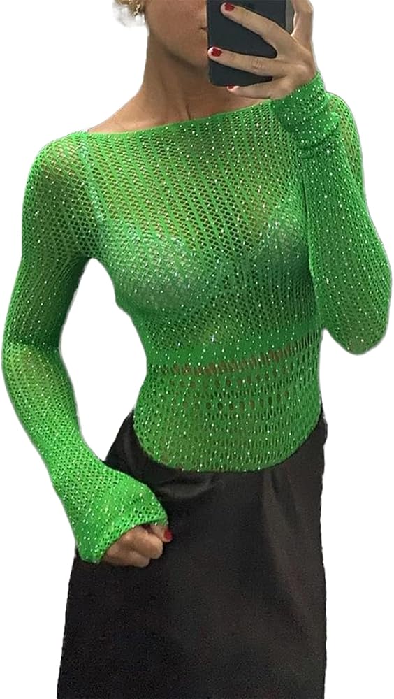 Women's Sexy Rhinestone Mesh Bodysuits Y2k Sequin See Through Backless Leotard Top Sparkly Long Sleeve Top Clubwear