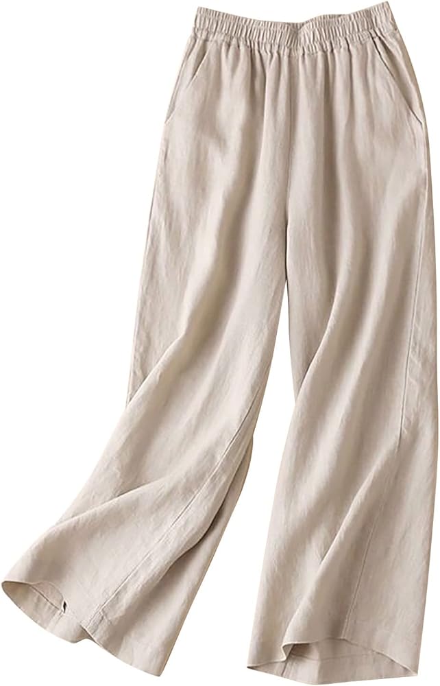 SNKSDGM Womens Linen Palazzo Pants Summer Pleated Wide Leg Elastic High Waist Casual Dress Pant Trousers with Pocket