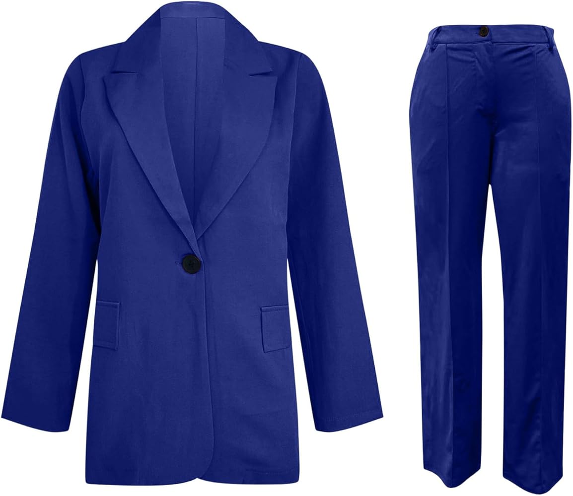 Suit for Women 2 Piece Set Plus Size Solid Blazer Jacket Button Wide Leg Pants with Pockets Dressy Work Office Suit