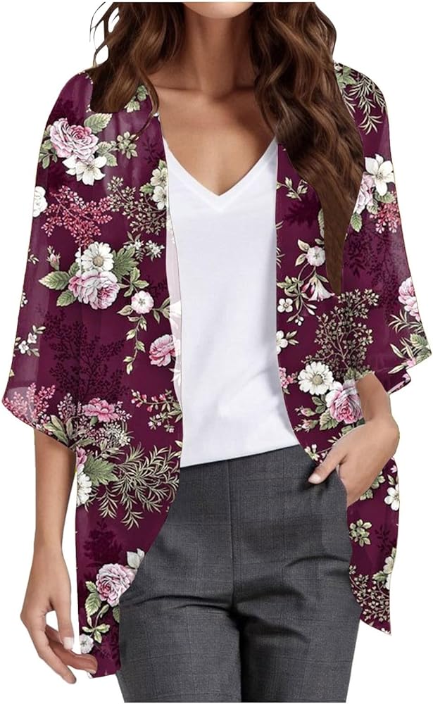 Women'S Swimsuit Cover Up Floral Print Puff Sleeve Kimono Cardigan 2024 Summer Lightweight Beach Vacation Swimwear