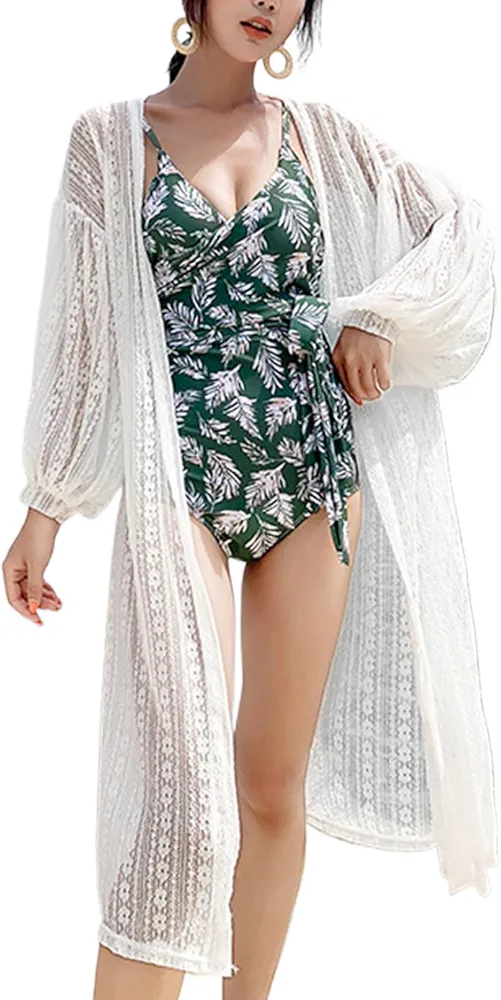 Kimonos for Women White Lace Cover Ups for Women Long Sunproof Cardigan for Women Breathable Cotton Loose Summer Kimono for Beach Swim