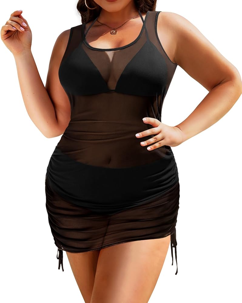 Pinup Fashion Plus Size Swimsuit Cover Ups Women Sexy Sheer See Through Mesh Mini Dress