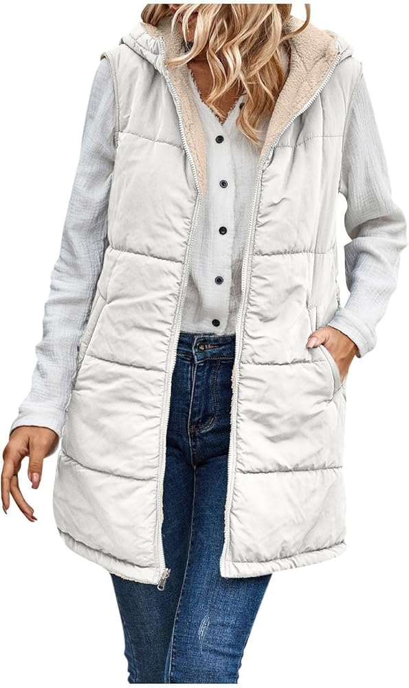 Womens Reversible Vests Sleeveless Fleece Jacket Zip Up Hoodie Pockets Long Warm Winter Padded Coat Outerwear