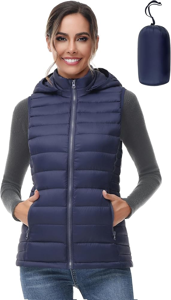 Women Lightweight Down Puffer Vest, Women Packable Down Puffy Outwear Vest with Removable Hood and Zip Pockets