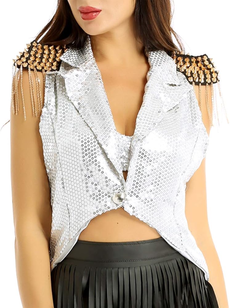 Women's Sparkle Sequin Sleeveless Vest Waistcoat Casual Cropped Tuxedo Coat Blazer Jacket