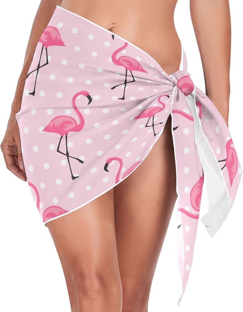 Pink Flamingo Beach Cover Ups Short Wrap Skirt Bathing Suit Cover Up for Bikini Women Swimsuit L