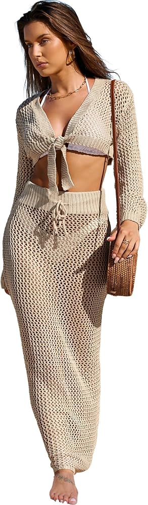 Famulily Womens 2 Piece Crochet Cover Up Matching Set with Long Sleeve Tie Knot Crop Tops and Drawstring Skirts