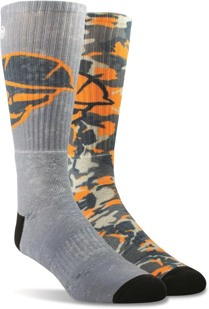 Ariat Graphic Crew Socks, 2 Pairs Roughneck Grey/Work Orange MEDIUM