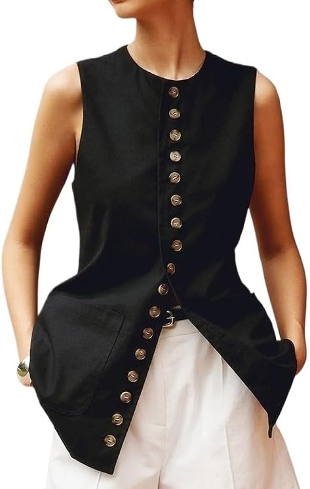 O-Neck Vests For Women With Pockets Waistcoat Linen Sleeveless Jacket Single Breasted Long Clothes Coats Jackets