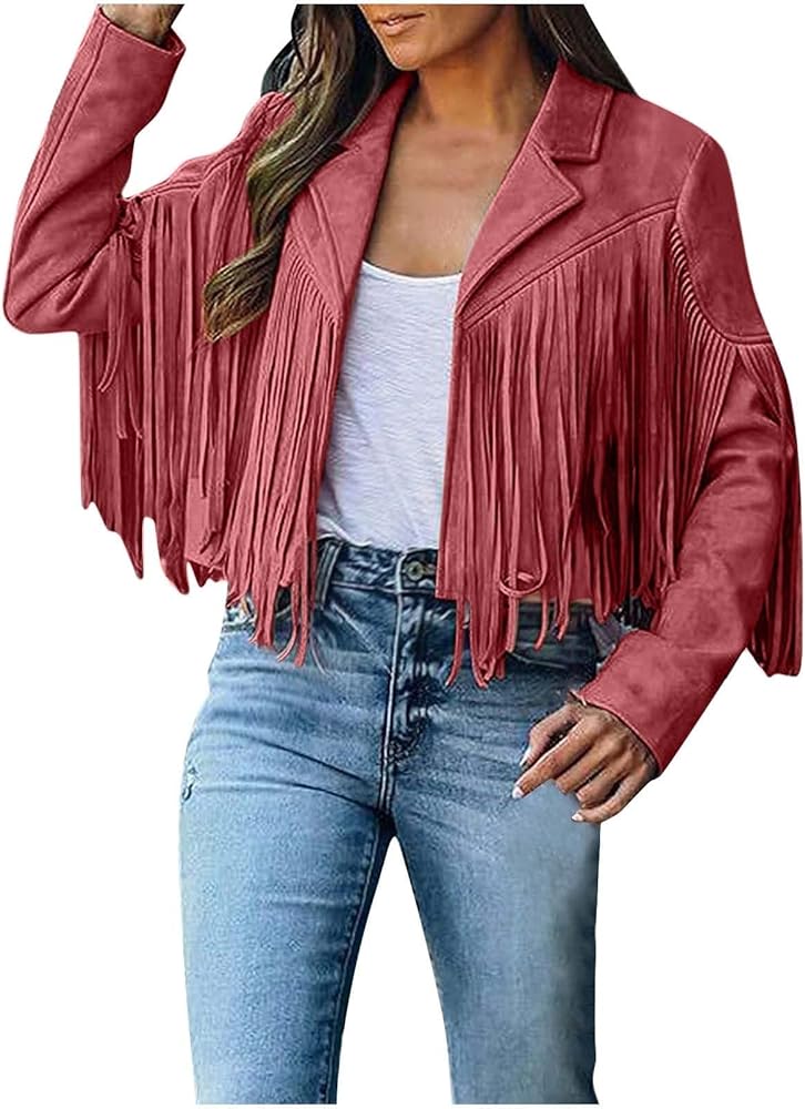 BOXIACEY Fringe Jacket Women Faux Suede Leather Tassel Jackets Solid Motorcycle Open Front Coat Fall Fashion 2024 Outerwear