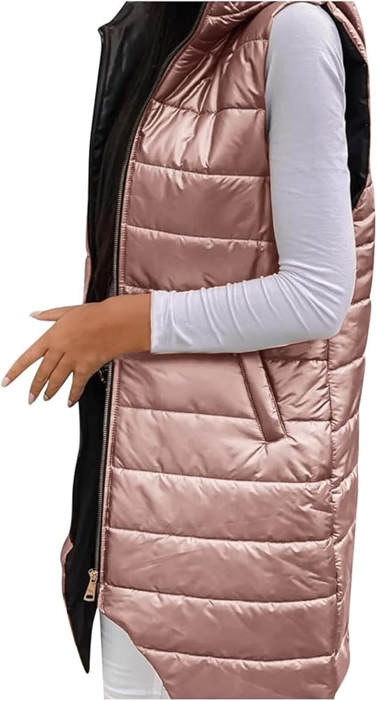 Long Winter Coat For Women With Hood Sleeveless Warm Down Coat With Pockets Quilted Vest Puffer Jacket