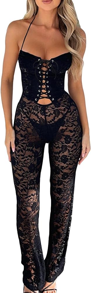 Womens Two Peice Lace Floral Pants Set Outfit Sexy Lace Sleeveless Tank Top with Pants 2 Piece Clothes Set Streetwear