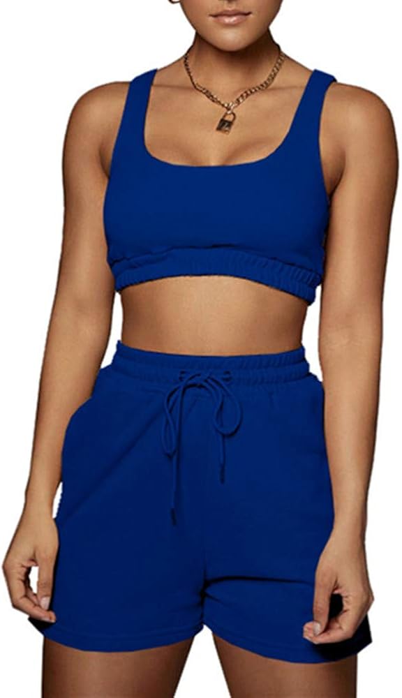 Yeshire Womens Summer Casual 2 Piece Outfit Ribbed Crop Tank High Waist Shorts Yoga Outfits