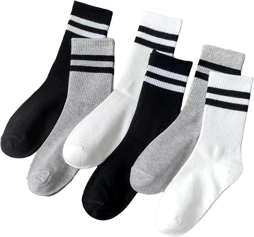 OYOANGLE Women's 5 Pairs Striped Pattern Lightweight Crew Socks Set Casual Everyday Socks