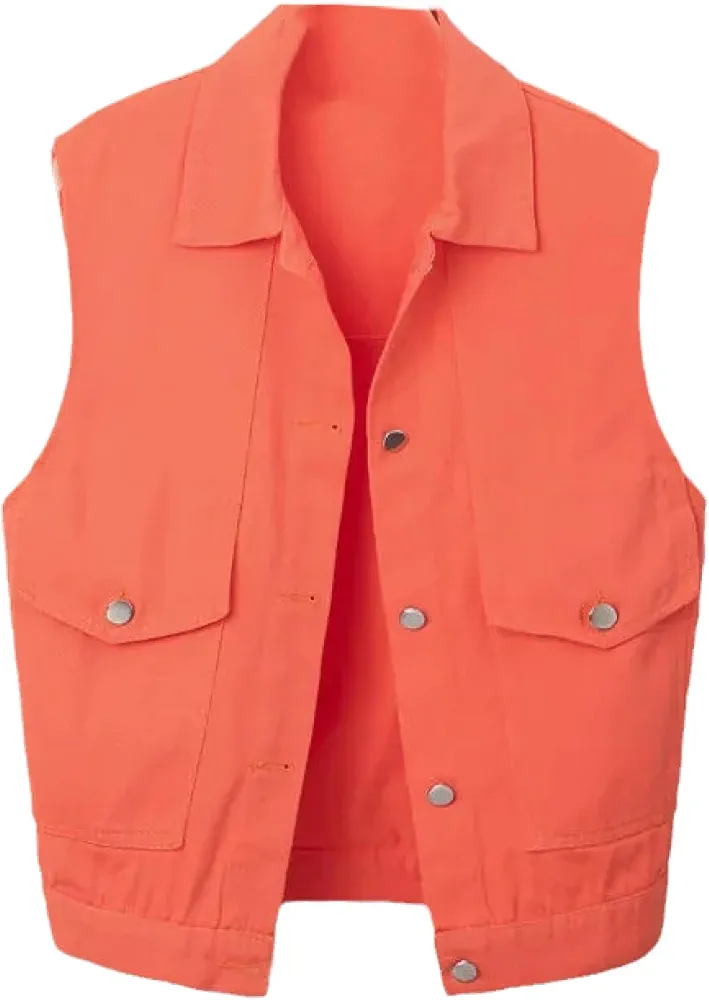 Women's Denim Vest - Spring Autumn Short Sleeveless Waistcoat Thin Outerwear Jacket Tops Solid Color with Pock