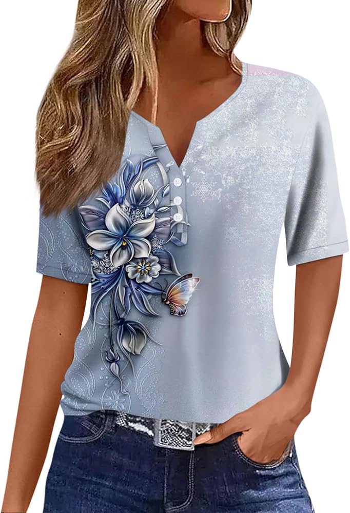 Womens Tops Short Sleeve Casual V Neck Pullover Oversized Trendy Shirt Top Printed Loose Button Down T Shirt