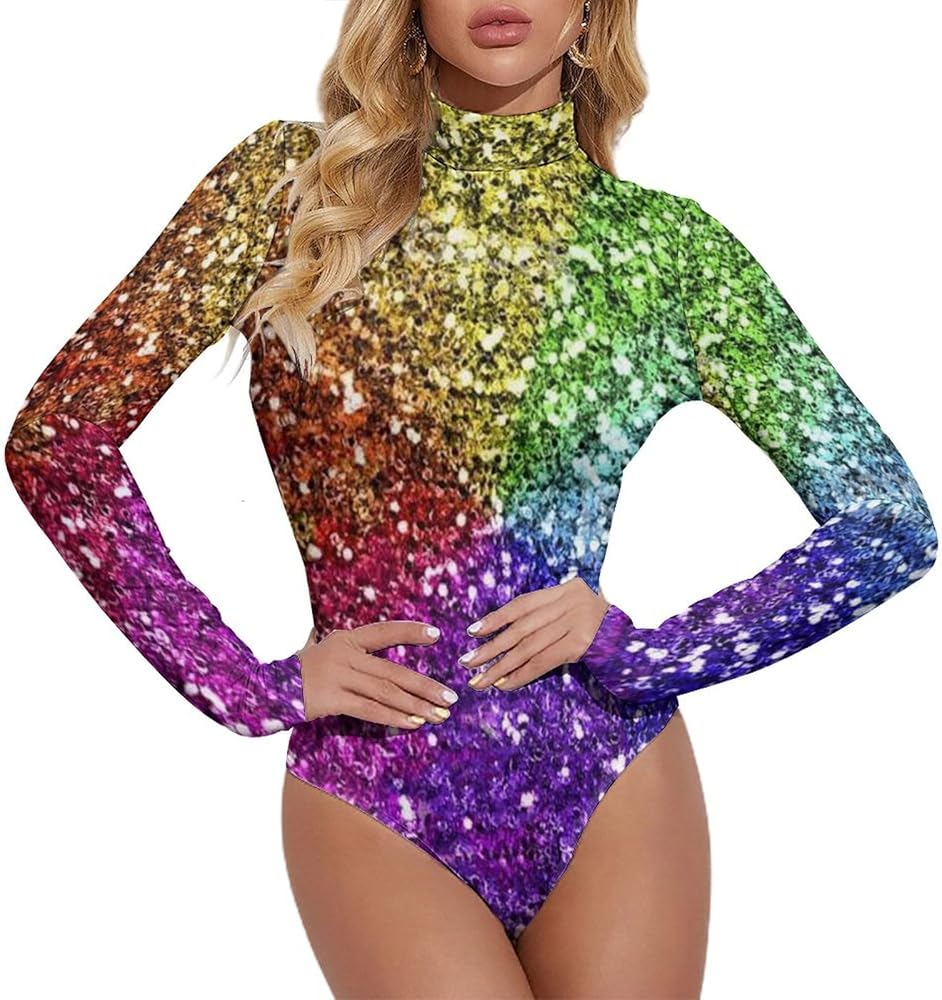 Rainbow Glitter Background Women's Bodysuit Tops Turtle Neck Long Sleeve Jumpsuit Print T Shirt