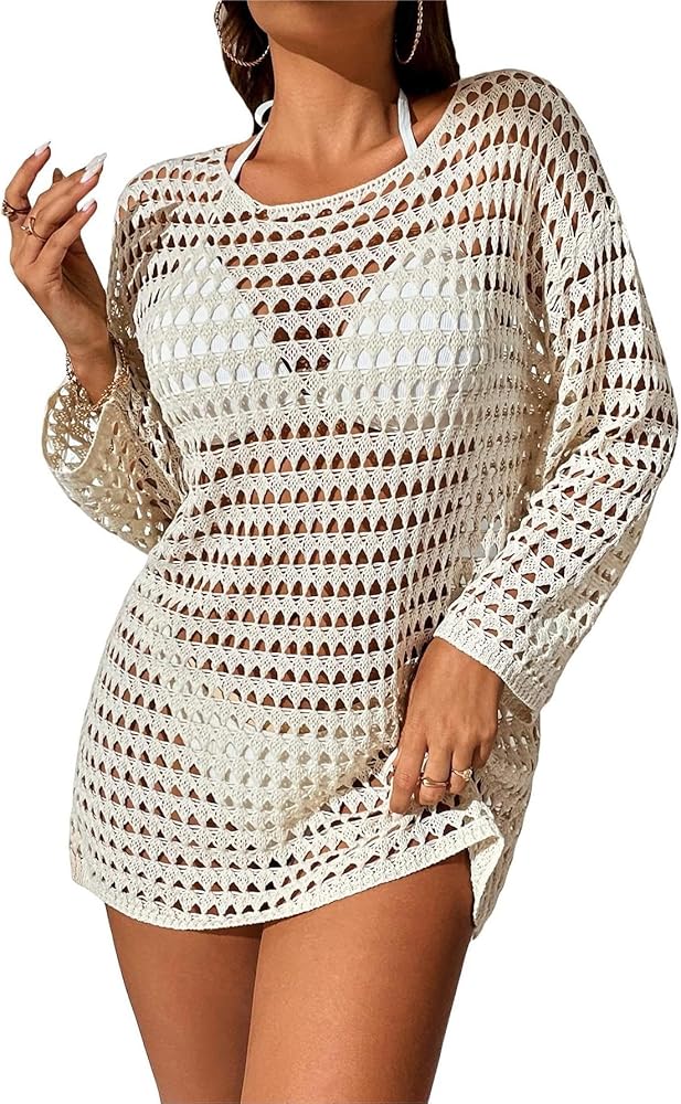 COZYEASE Women's Crochet hollow Out Cover Up Swimsuit Long Sleeve Drop Shoulder Cover Up Beach Wear