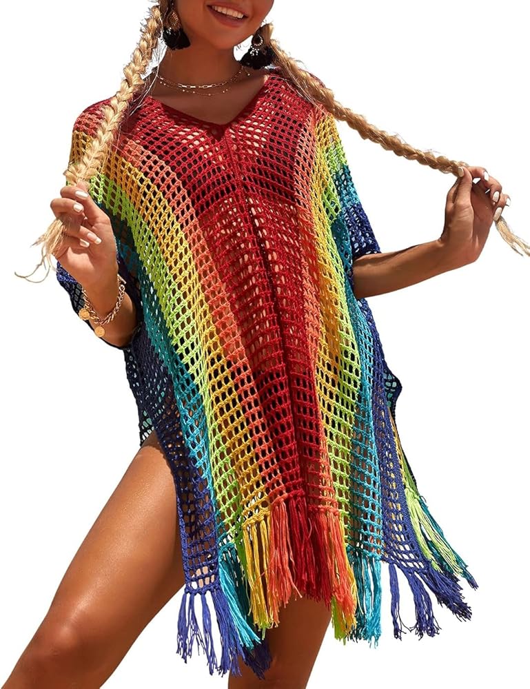 Eddoyee Swimsuit Cover Ups for Women, V Neck Crochet Hollow Out Tassel Bathing Suit Bikini Coverups